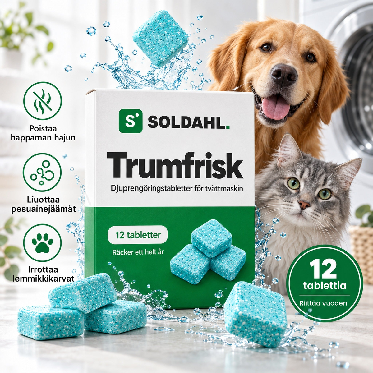 Soldahl Trumfrisk -syväpuhdistustabletit, koira ja kissa, 12 tablettia
