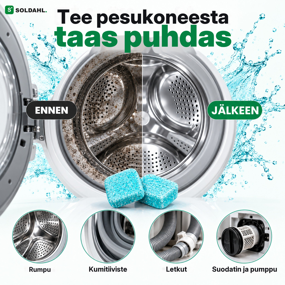Ennen ja jälkeen: likainen ja puhdas pesukoneen rumpu