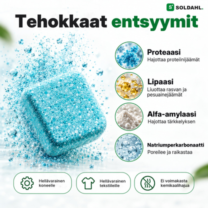 Tehokkaat entsyymit: proteaasi, lipaasi, alfa-amylaasi ja natriumperkarbonaatti