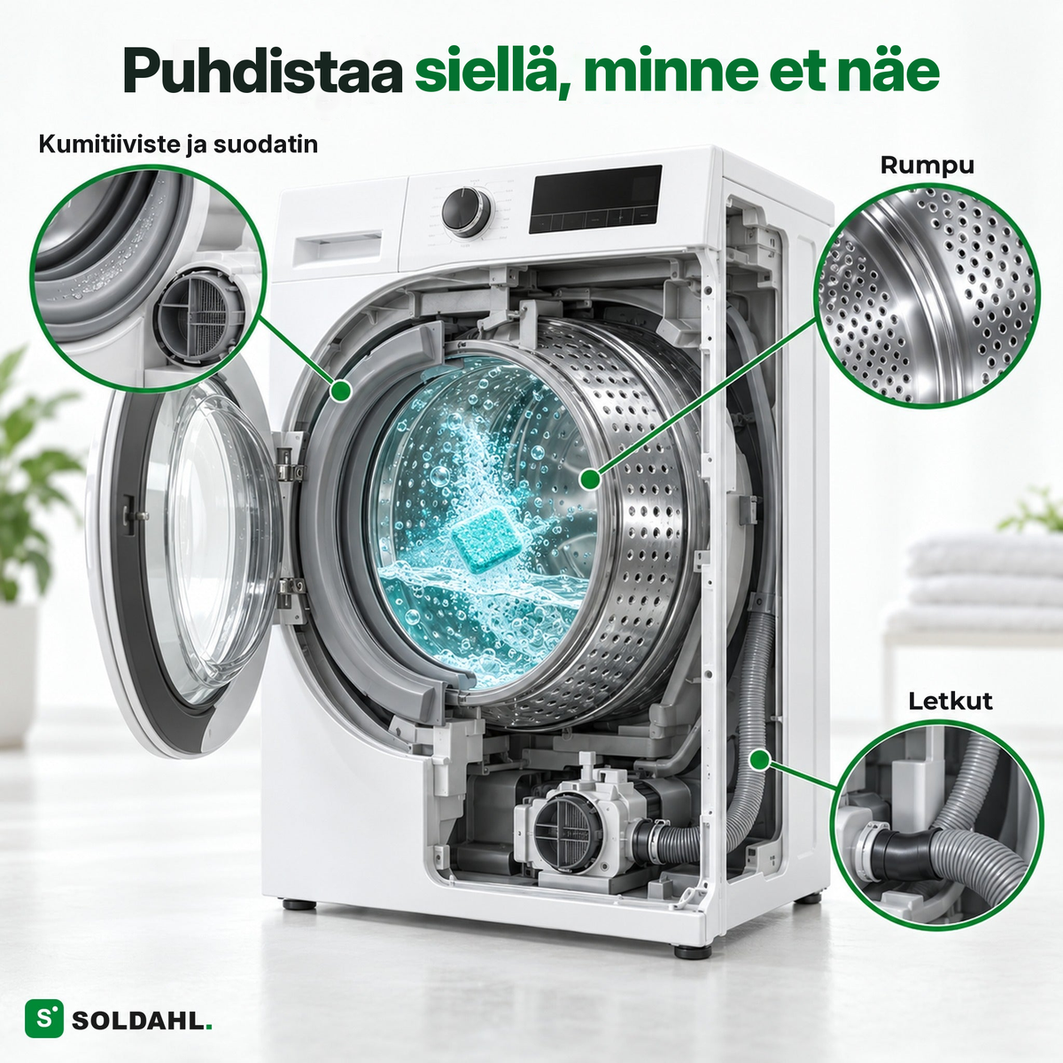 Puhdistaa siellä, minne et näe: kumitiiviste, suodatin, rumpu ja letkut