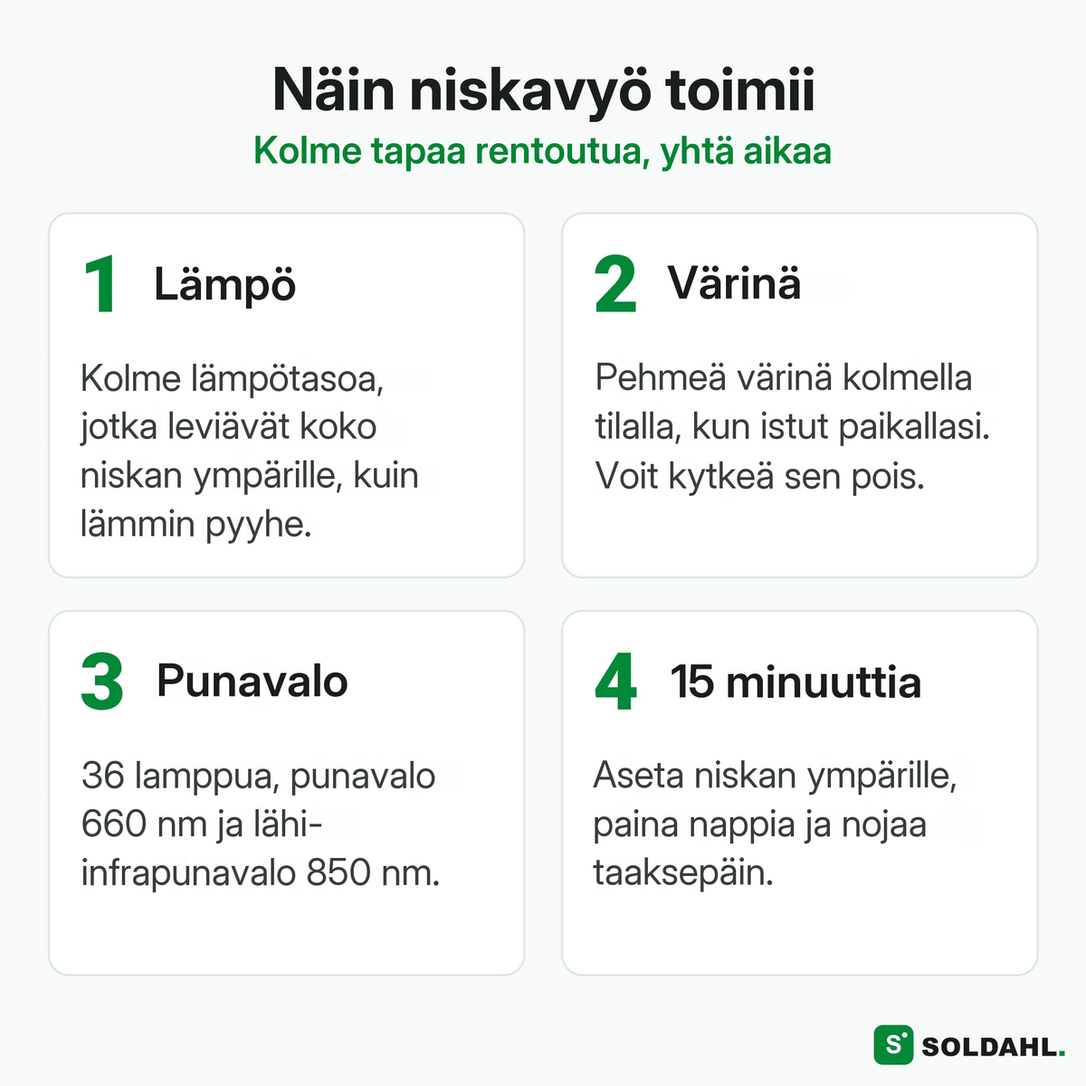 Näin niskavyö toimii: lämpö, värinä, punavalo ja 15 minuuttia