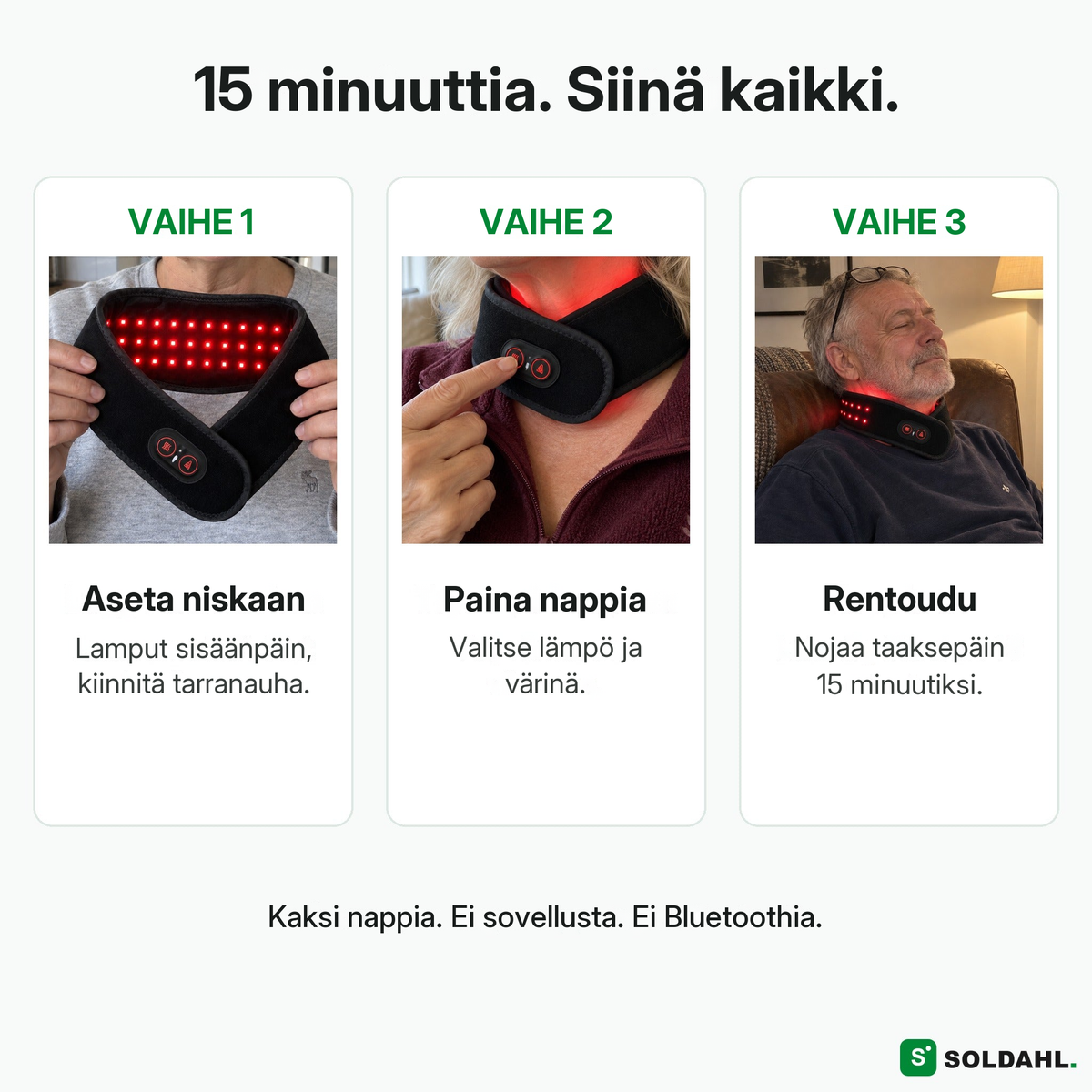 Kolme vaihetta: aseta niskan ympärille, paina nappia, rentoudu 15 minuuttia
