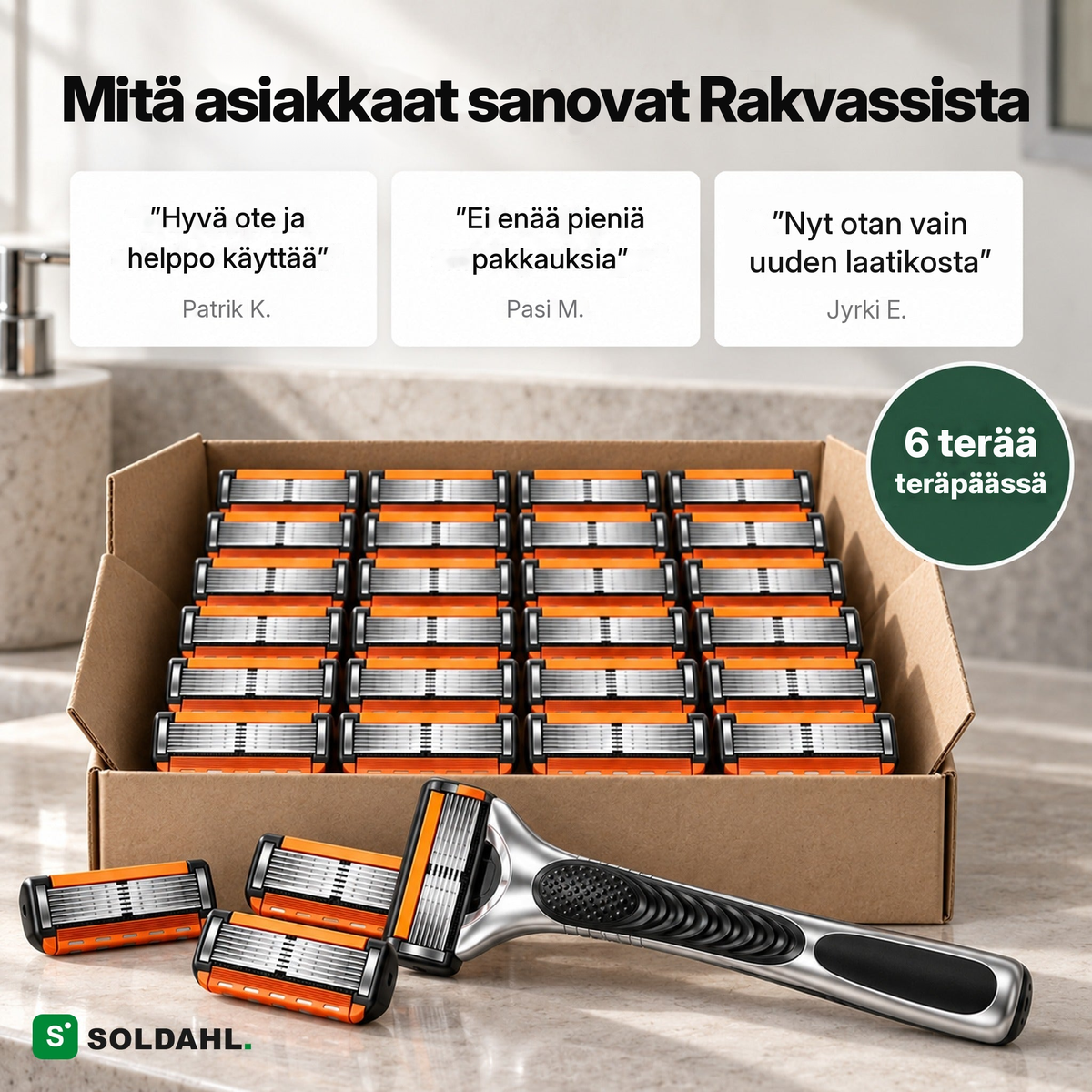 Mitä asiakkaat sanovat Rakvassista, laatikko irrallisia teräpäitä ja varsi