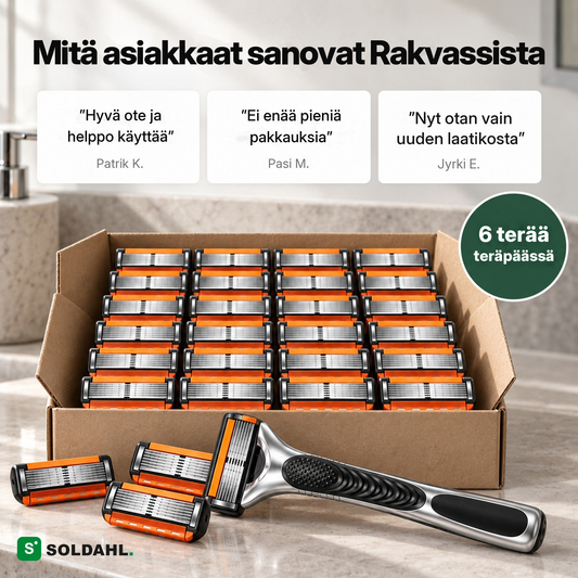 Mitä asiakkaat sanovat Rakvassista, laatikko irrallisia teräpäitä ja varsi