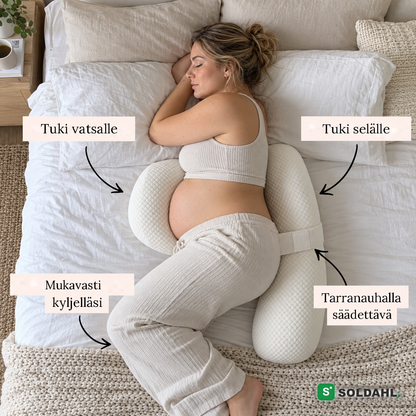 Tuki vatsalle ja selälle, pitää sinut kyljelläsi, säädettävä tarranauhalla