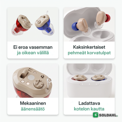 Ominaisuudet: ei eroa vasemman ja oikean välillä, kaksinkertaiset korvatulpat