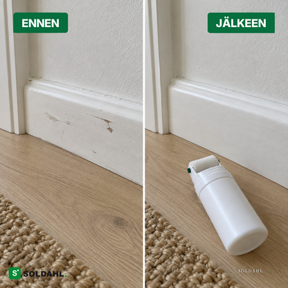 Ennen ja jälkeen, jalkalista jäljillä ja korjauksen jälkeen