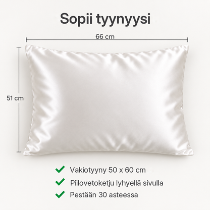 Mittaopas Soldahl Silkesro: 51 x 66 cm, sopii vakiotyynyyn 50 x 60 cm, piilovetoketju, pestään 30 asteessa
