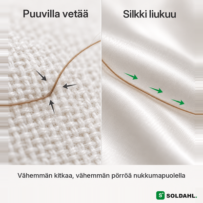 Soldahl Silkesro, mekanismi: puuvilla vetää hiuksia, silkki antaa hiusten liukua, vähemmän pörröä nukkumapuolella