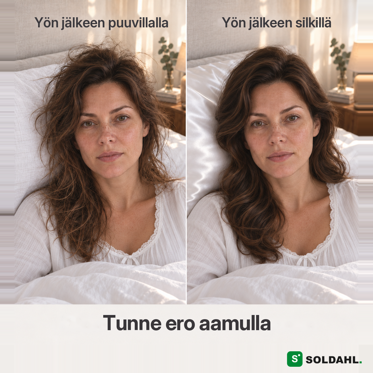Tunne ero aamulla: sama nainen yön jälkeen puuvillalla ja yön jälkeen Soldahl Silkesrolla