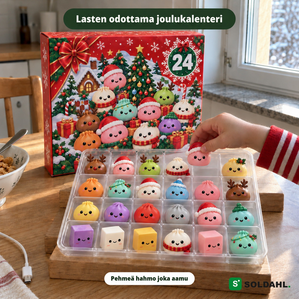 Lapsen käsi poimii päivän jouluhahmon alustalta 24 hahmon lahjapakkauksen edessä