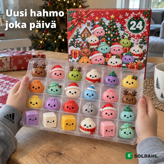 Lapsen kädet pitelevät alustaa, jossa on 24 pehmeää jouluhahmoa