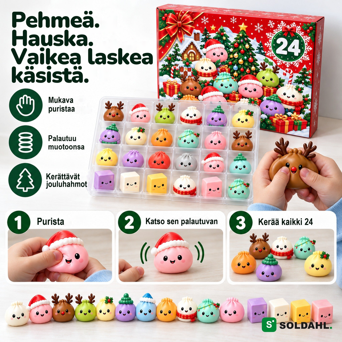 Lapsen kädet puristavat pehmeää porohahmoa, joka palautuu muotoonsa, kolme vaihetta