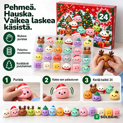 Lapsen kädet puristavat pehmeää porohahmoa, joka palautuu muotoonsa, kolme vaihetta