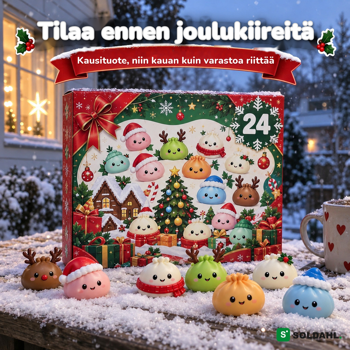 Joulukalenteri ja 24 hahmoa lumisella puutarhapöydällä talvihämärässä