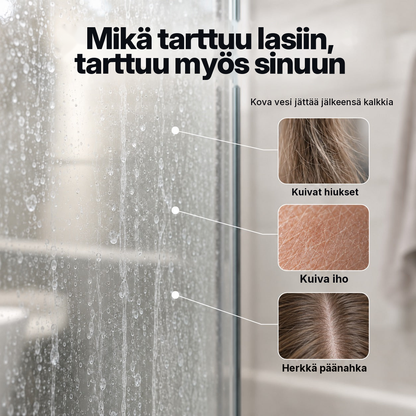 Kalkkitahroja suihkulasissa, kova vesi jättää jälkeensä kalkkia