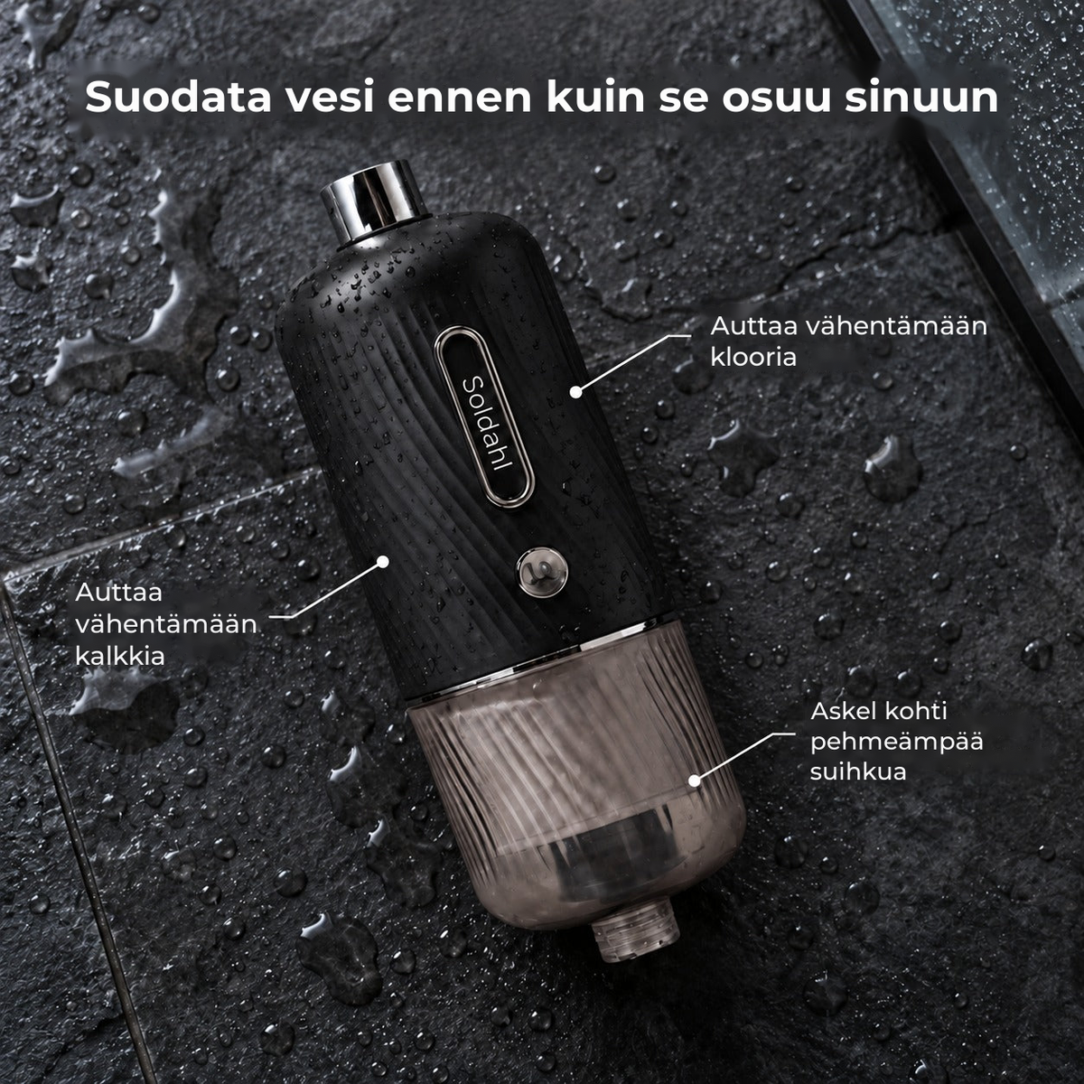 Soldahl-suihkusuodatin märällä liuskekivilattialla, suodata vesi ennen kuin se osuu sinuun