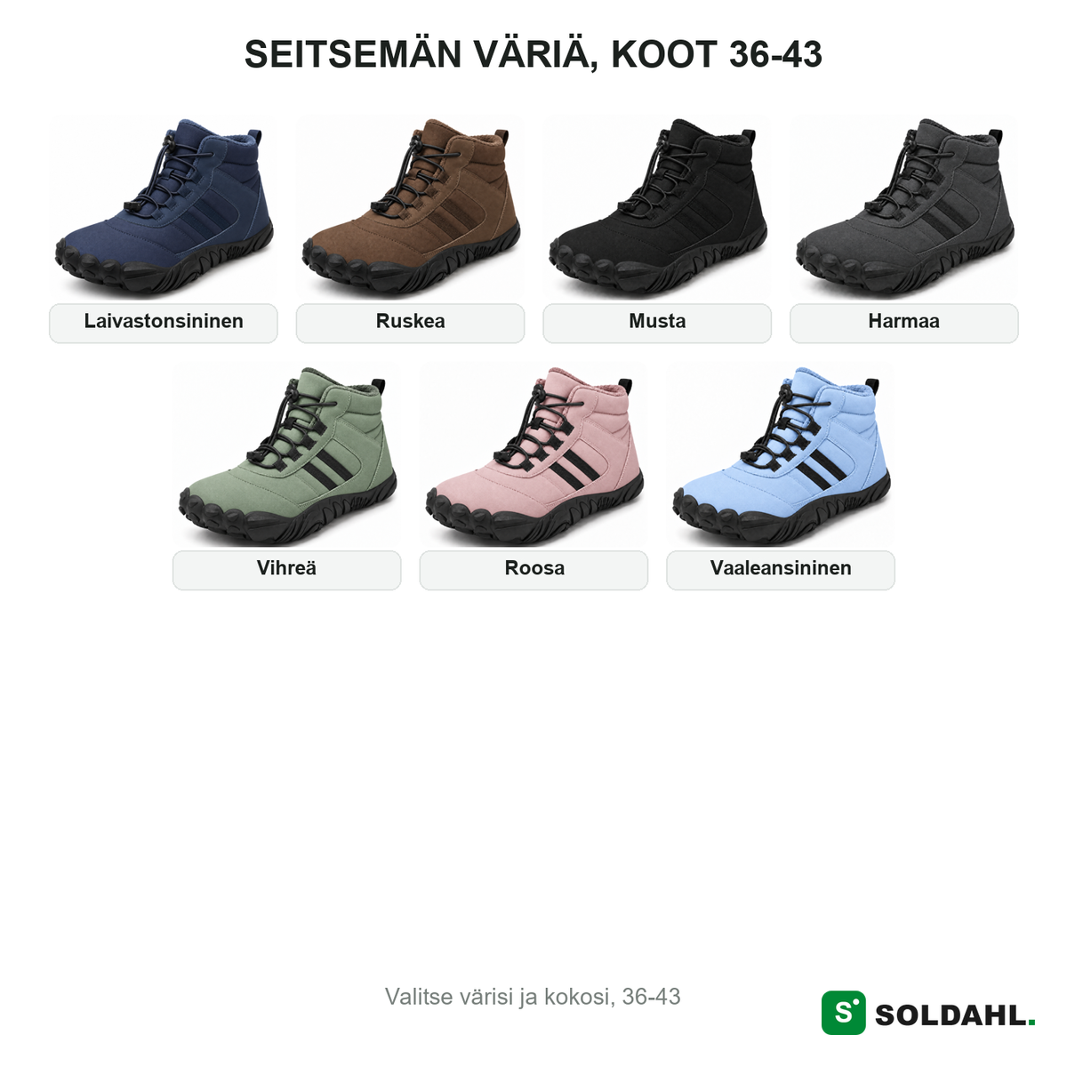 Seitsemän väriä, koot 36-43