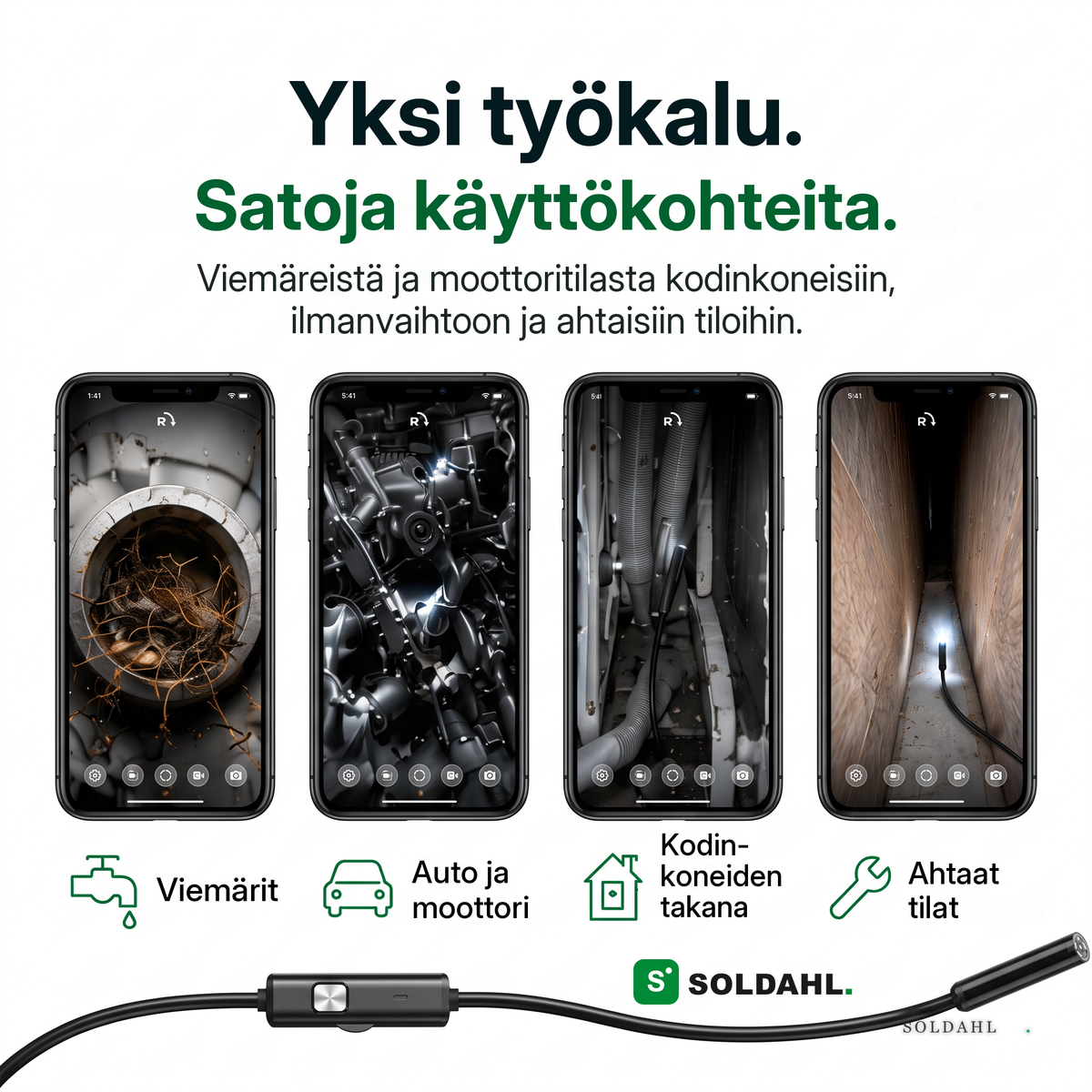 Satoja käyttökohteita, viemärit, auto ja moottori, kodinkoneiden takana