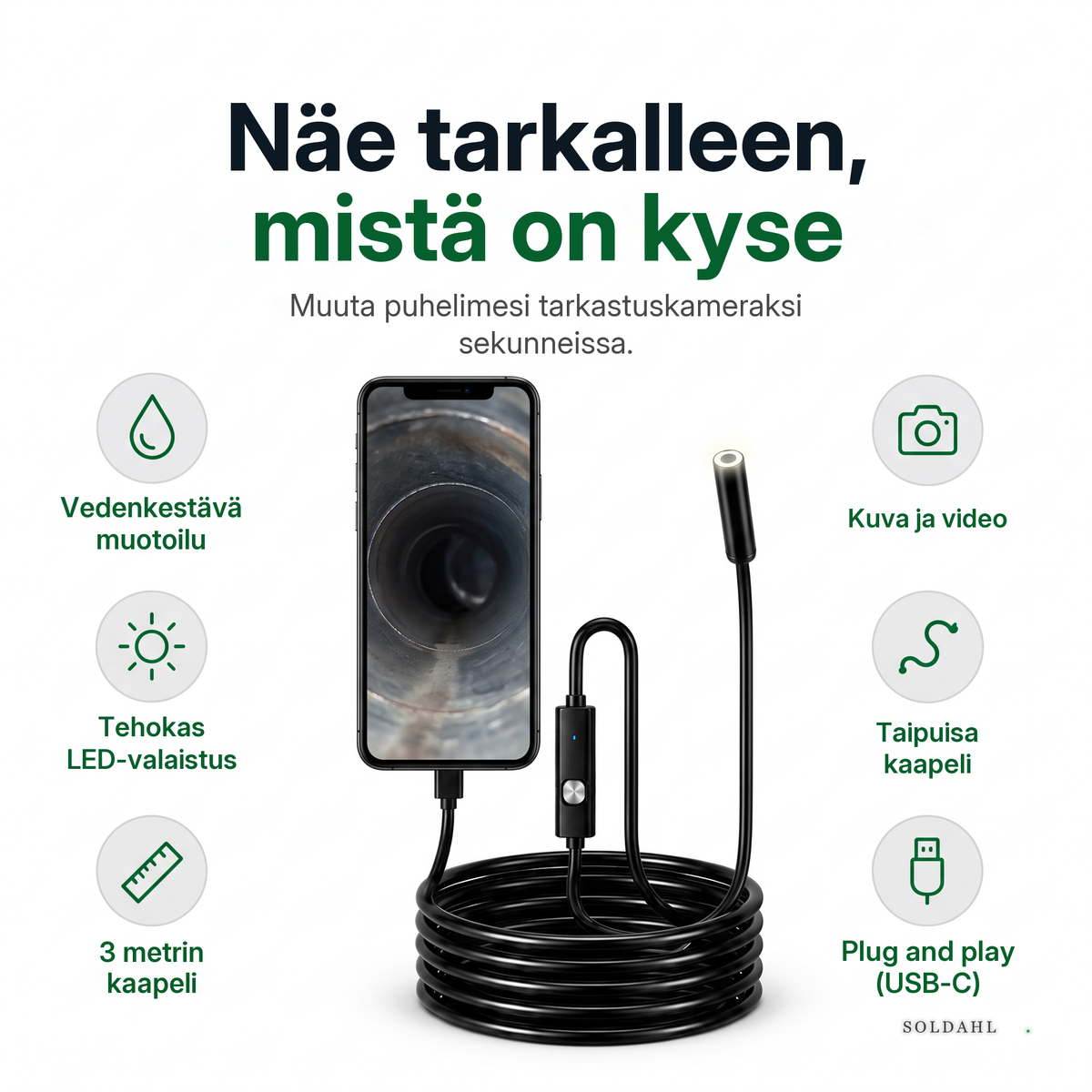 Näe tarkalleen, mistä on kyse, vedenkestävä, LED, plug and play