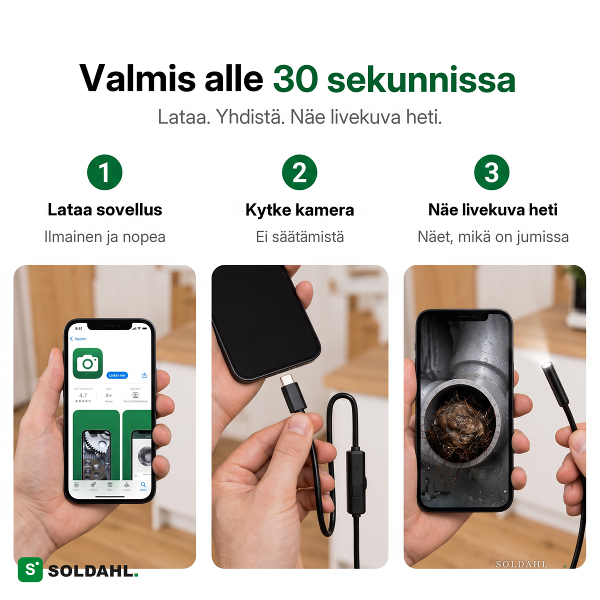 Valmis alle 30 sekunnissa, lataa sovellus, kytke kamera
