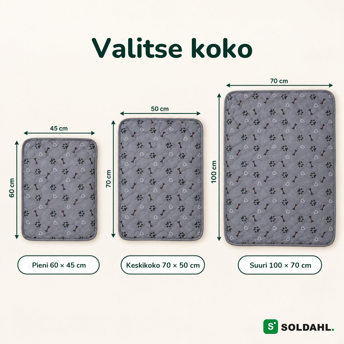 Pentumaton kokoopas: Pieni 60 × 45 cm, Keskikoko 70 × 50 cm ja Suuri 100 × 70 cm