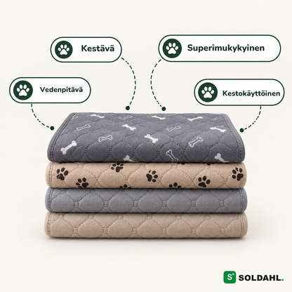 Neljä pestävää pentumattoa harmaana ja beigenä pinossa, neljä etua merkittynä