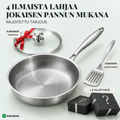 Soldahl Stekro titaanipannu, kiillotettu teräskahva, lasikansi punaisella nauhalla, paistinlasta ja kaksi lahjarasiaa, ilmaiset lahjat jokaisen pannun mukana