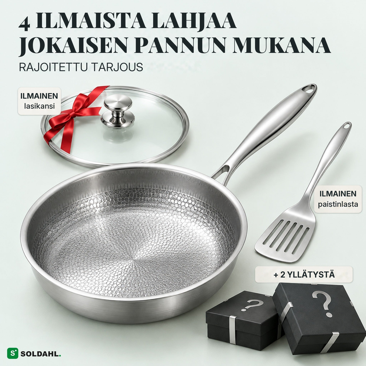 Soldahl Stekro titaanipannu, kiillotettu teräskahva, lasikansi punaisella nauhalla, paistinlasta ja kaksi lahjarasiaa, ilmaiset lahjat jokaisen pannun mukana