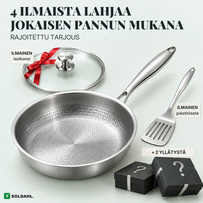 Soldahl Stekro titaanipannu, kiillotettu teräskahva, lasikansi punaisella nauhalla, paistinlasta ja kaksi lahjarasiaa, ilmaiset lahjat jokaisen pannun mukana