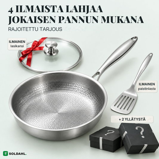 Soldahl Stekro titaanipannu, kiillotettu teräskahva, lasikansi punaisella nauhalla, paistinlasta ja kaksi lahjarasiaa, ilmaiset lahjat jokaisen pannun mukana
