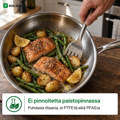 Lohta, vihreitä papuja ja perunoita paistumassa Stekrossa ilman pinnoitetta