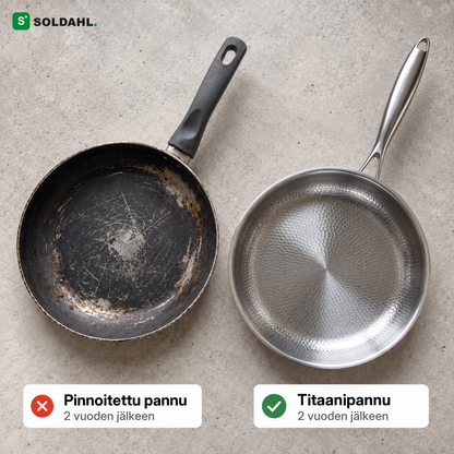 Pinnoitettu paistinpannu 2 vuoden jälkeen ja puhdasta titaania oleva Stekro 2 vuoden jälkeen vierekkäin
