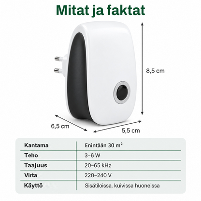 Tystvakt mitat ja faktat: 8,5 x 5,5 x 6,5 cm, 30 m², 3-6 W