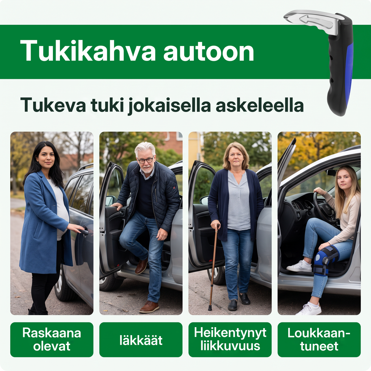 Tukikahva autoon, tukeva tuki raskaana oleville, iäkkäille ja loukkaantumisen jälkeen