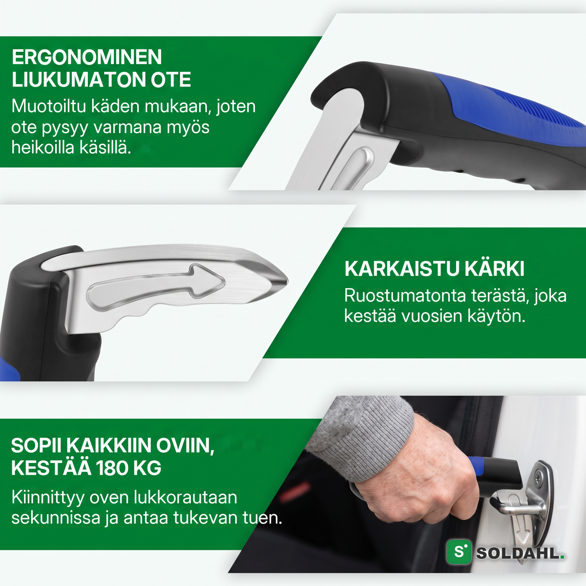 Ergonominen liukumaton ote, karkaistu teräskärki, sopii kaikkiin lukkorautoihin