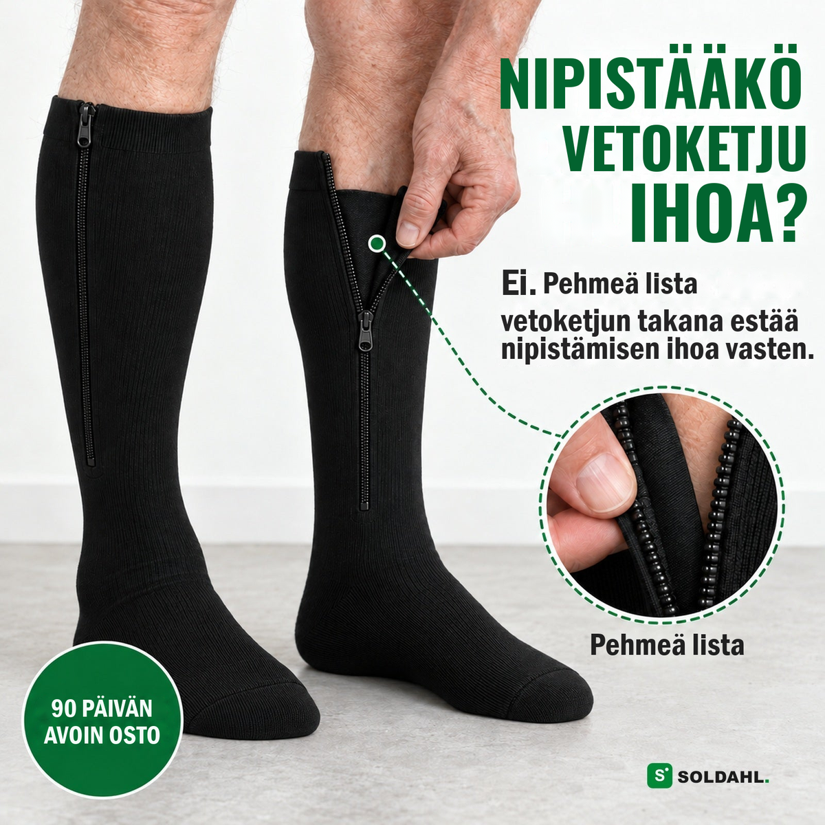 Pehmeä lista vetoketjun takana, joten se ei nipistä ihoa