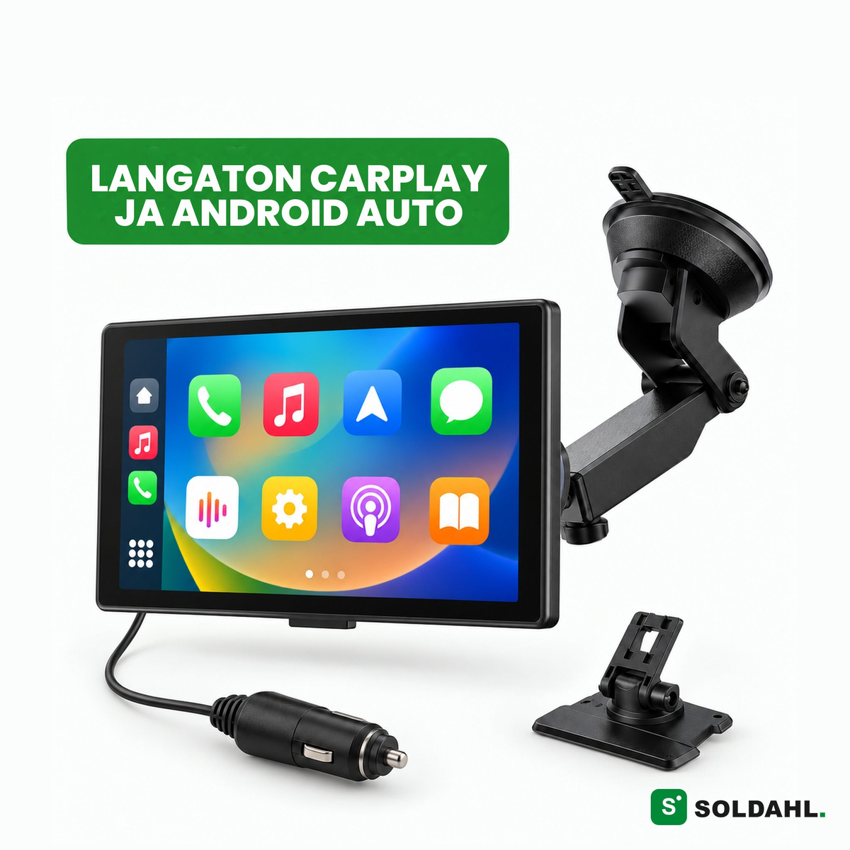 Soldahl Vägro langaton 7 tuuman autonäyttö CarPlaylle ja Android Autolle imukuppikiinnikkeellä ja kojelautakiinnikkeellä