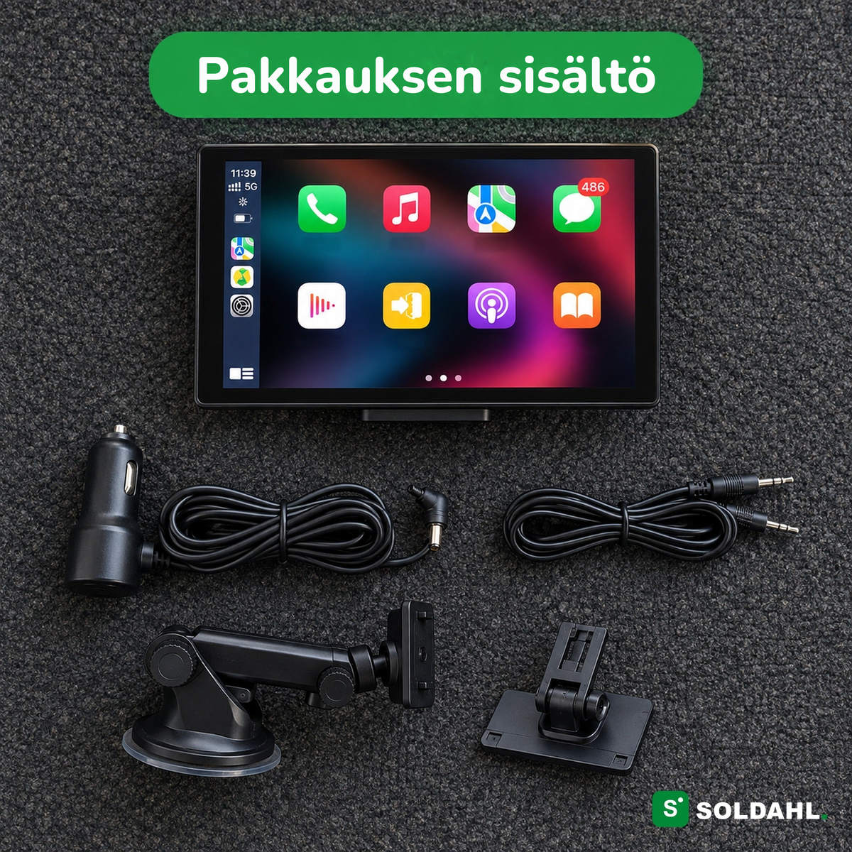 Kaikki, mitä Vägron mukana tulee: näyttö, imukuppikiinnike, kojelautakiinnike, 12V-kaapeli ja AUX-kaapeli
