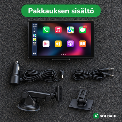 Kaikki, mitä Vägron mukana tulee: näyttö, imukuppikiinnike, kojelautakiinnike, 12V-kaapeli ja AUX-kaapeli