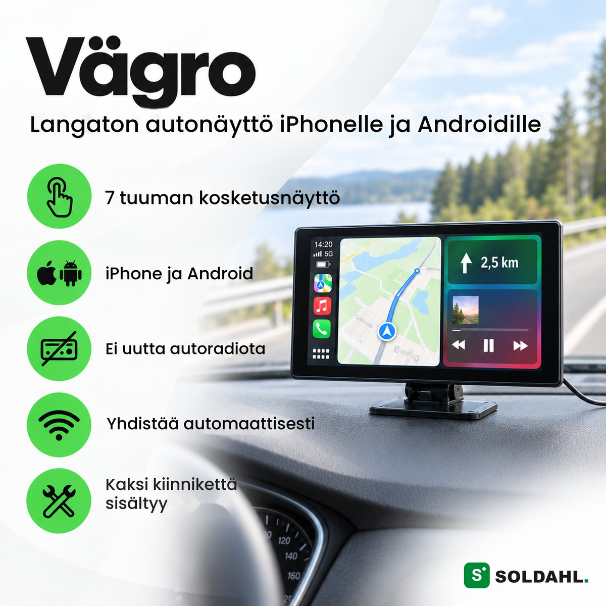 Vägro kojelaudalla kartan kanssa, viisi etua: kosketusnäyttö, iPhone ja Android, ei uutta autoradiota
