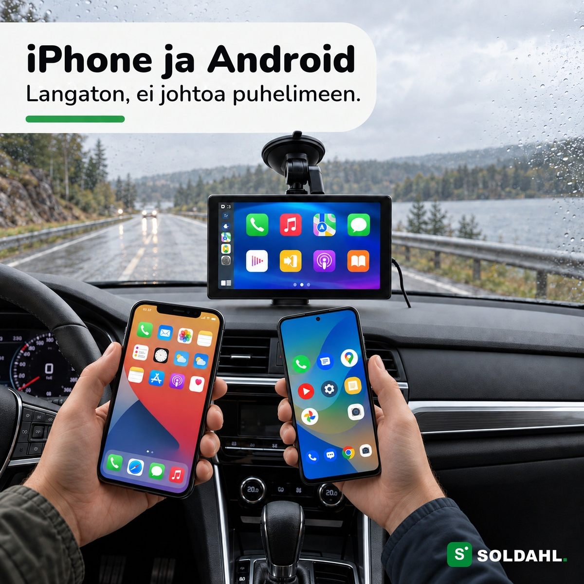Vägro tuulilasissa toimii langattomasti sekä iPhonen että Androidin kanssa