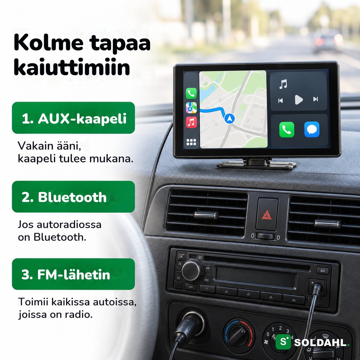 Kolme tapaa saada ääni Vägrosta auton kaiuttimiin: AUX-kaapeli, Bluetooth ja FM-lähetin