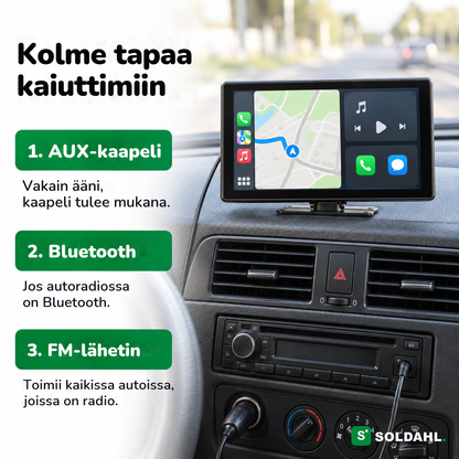 Kolme tapaa saada ääni Vägrosta auton kaiuttimiin: AUX-kaapeli, Bluetooth ja FM-lähetin