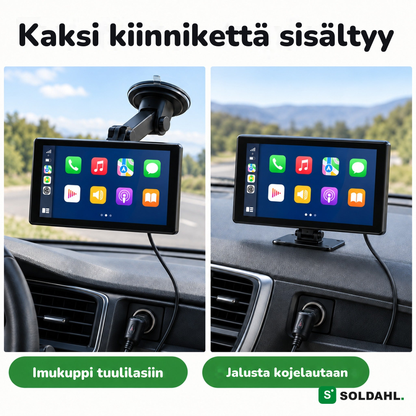 Kaksi kiinnikettä sisältyy: imukuppi tuulilasiin ja jalusta kojelautaan