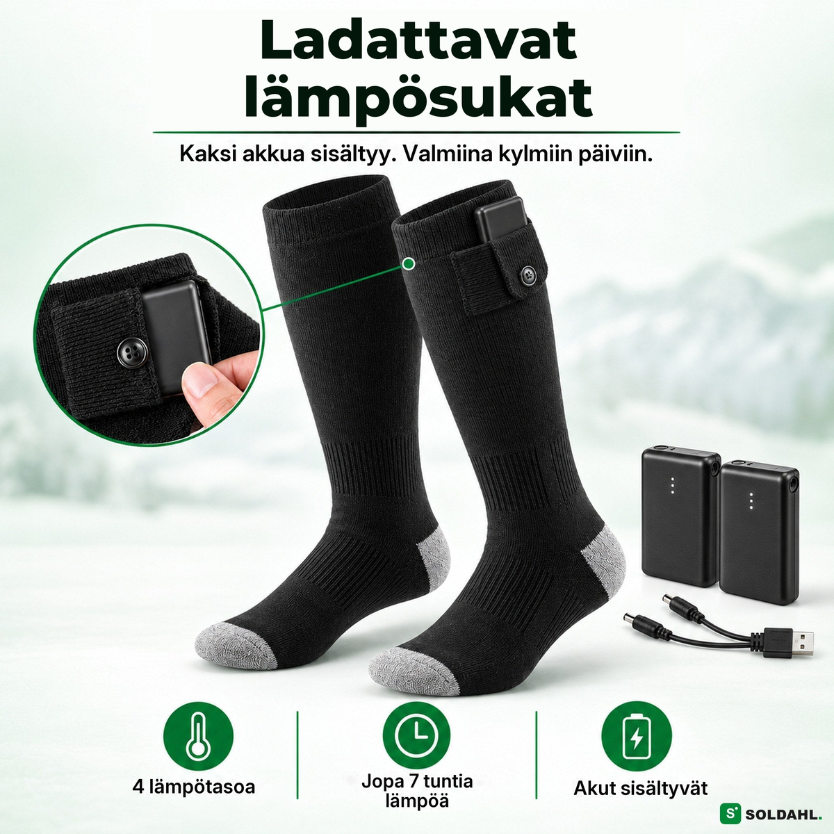 Ladattavat lämpösukat, kaksi akkua ja latauskaapeli