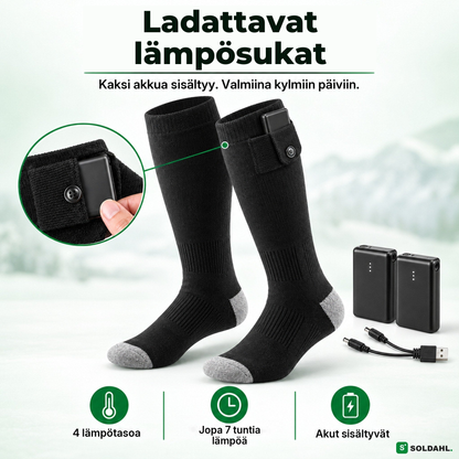 Ladattavat lämpösukat, kaksi akkua ja latauskaapeli