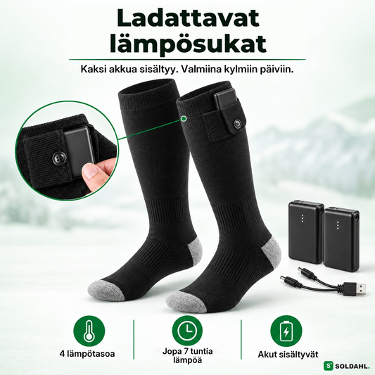 Ladattavat lämpösukat, kaksi akkua ja latauskaapeli