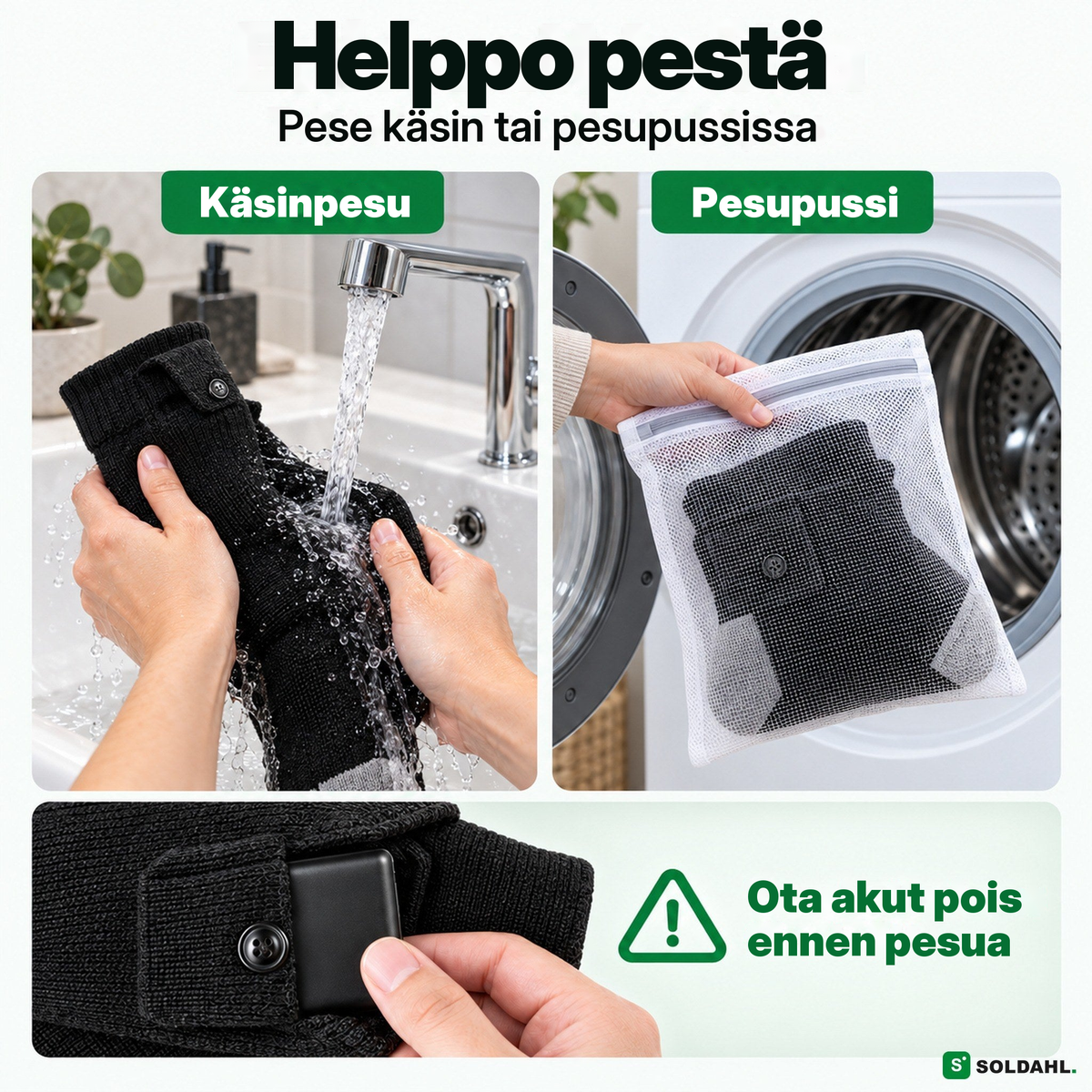 Lämpösukat on helppo pestä, kun akut on otettu pois