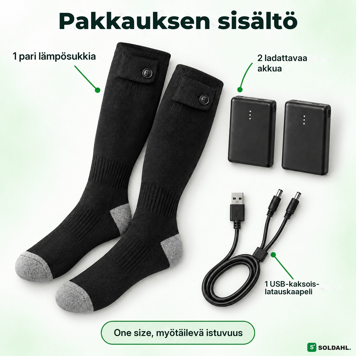 Mitä sisältyy: lämpösukat, kaksi akkua ja USB-kaksoislatauskaapeli